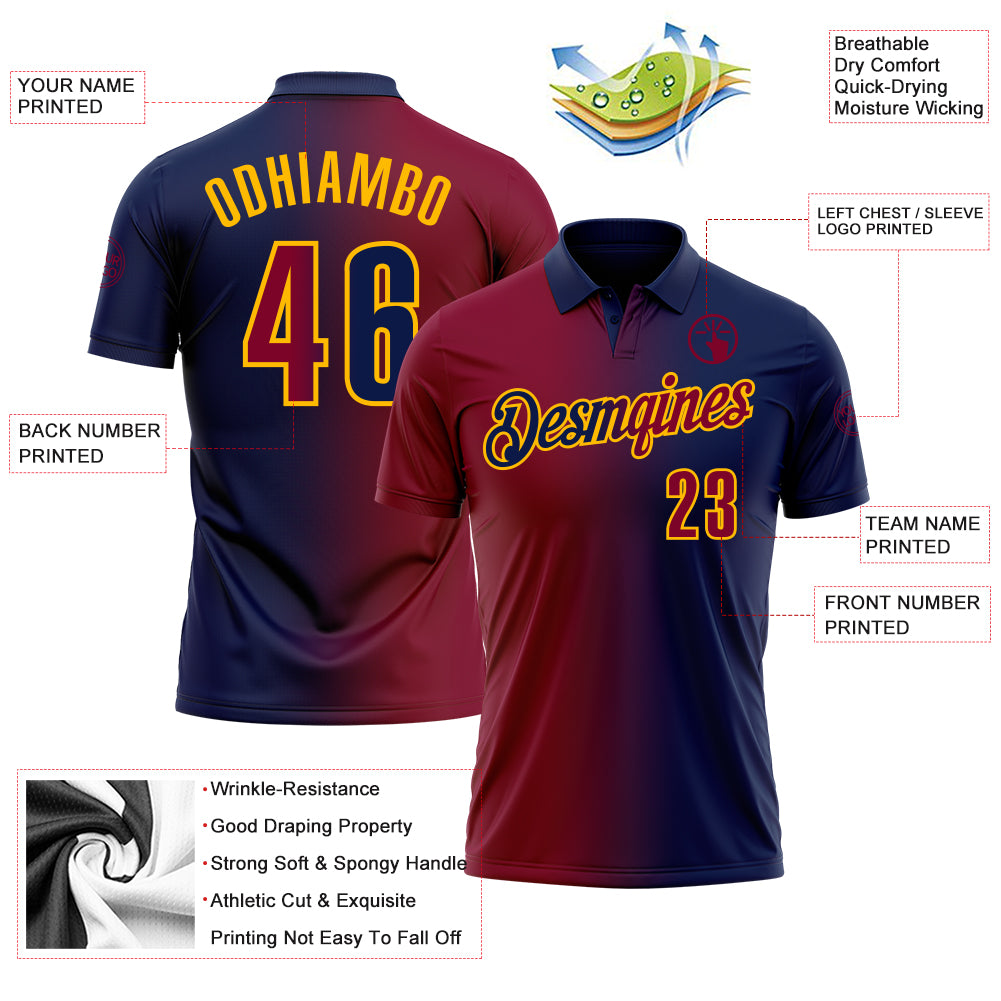 Custom Navy Maroon-Gold 3D Gradient Fashion Performance Polo Shirt
