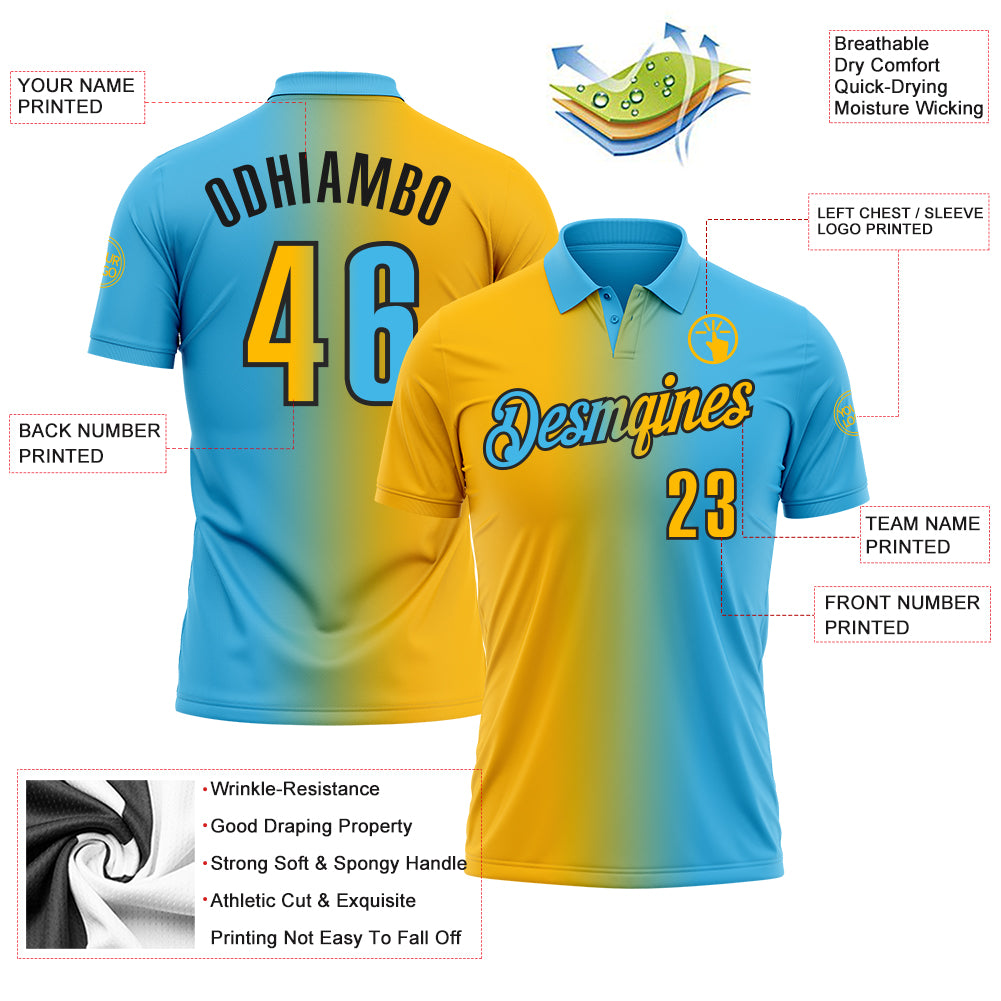 Custom Sky Blue Gold-Black 3D Gradient Fashion Performance Polo Shirt
