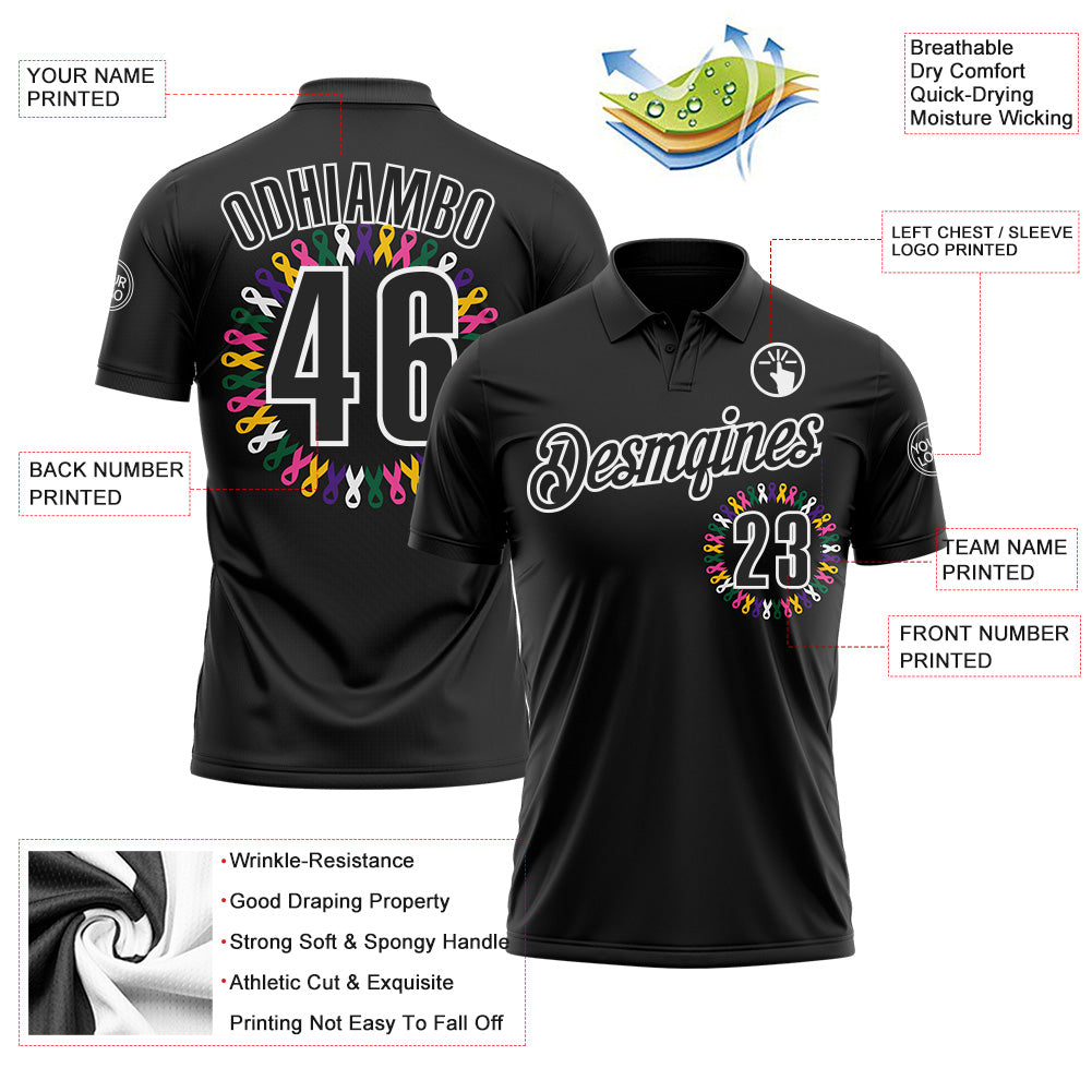 Custom Black White 3D Pattern Design Ribbon Cancer Awareness World Cancer Day Performance Polo Shirt