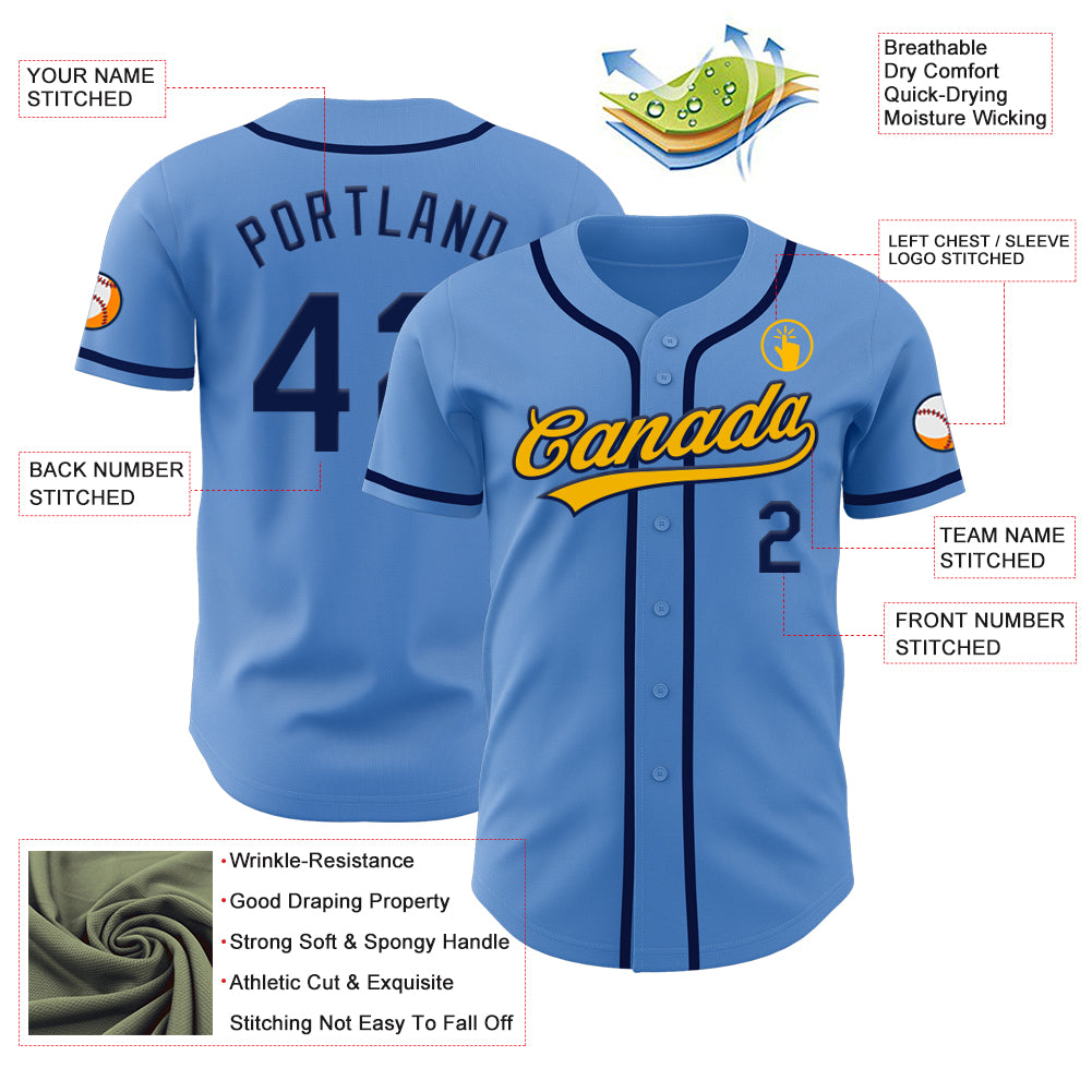 Custom Powder Blue Navy-Gold Authentic Baseball Jersey