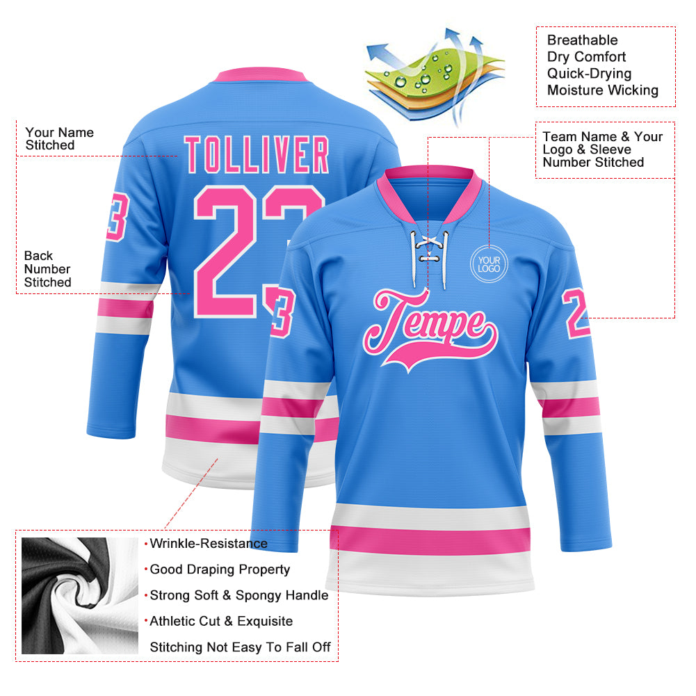 Custom Sky Blue Pink-White Hockey Lace Neck Jersey