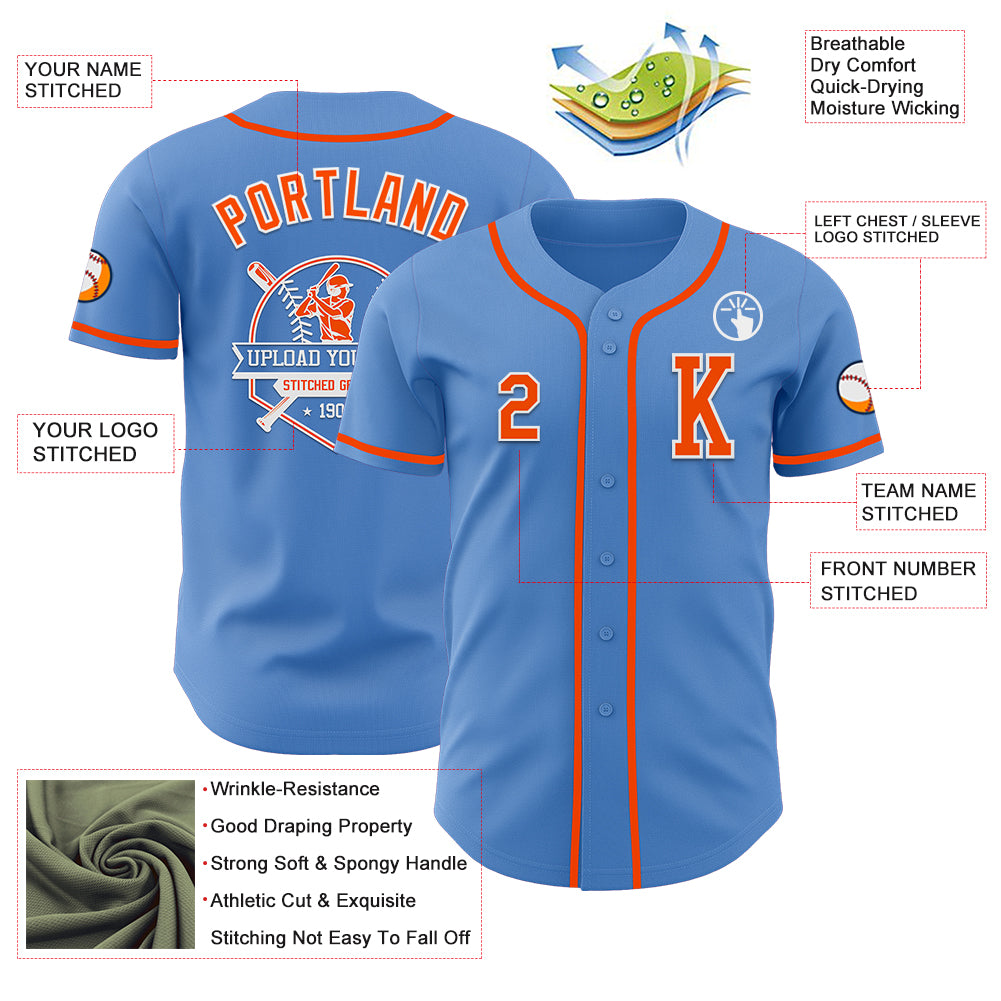 Custom Powder Blue Orange-White Authentic Baseball Jersey