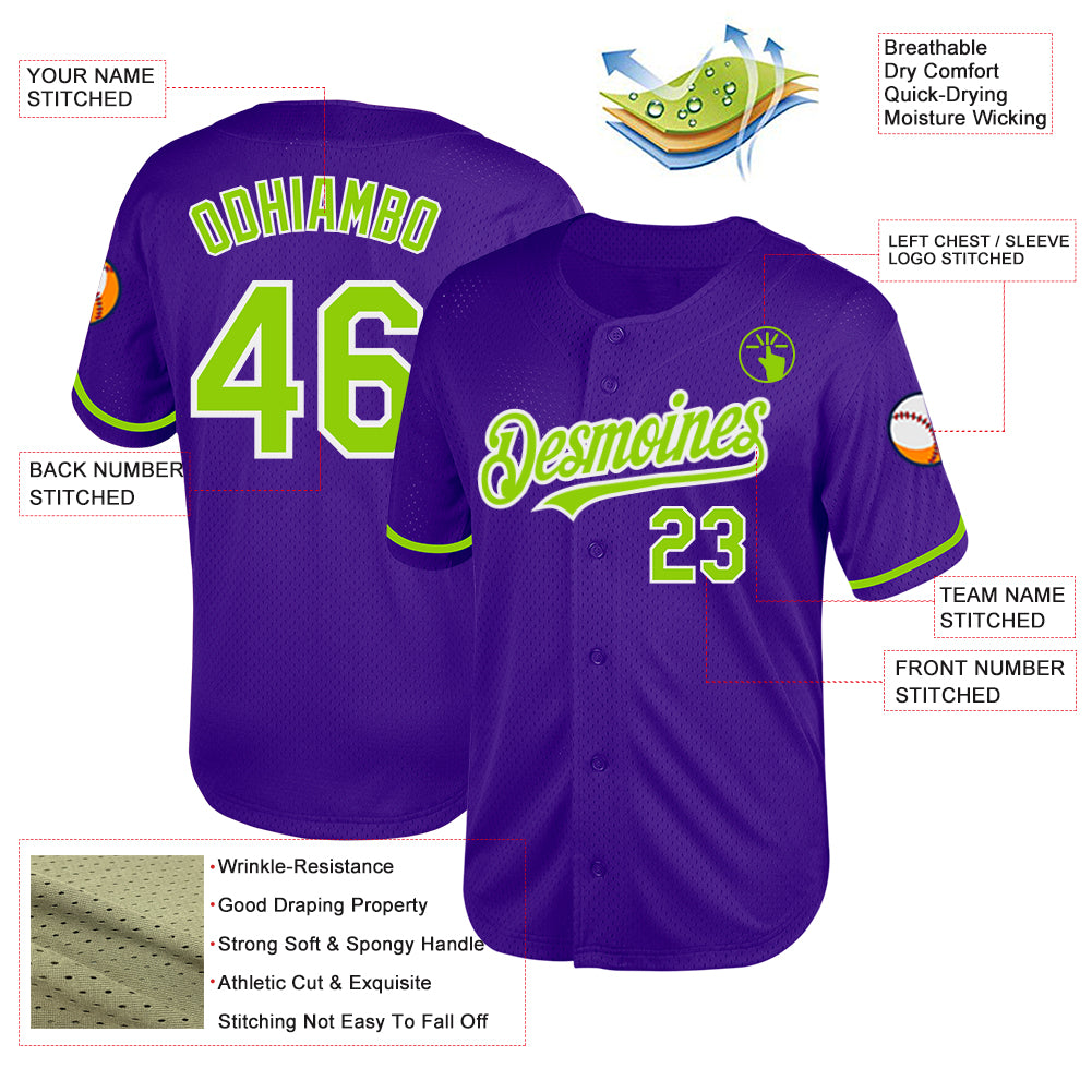 Custom Purple Neon Green-White Mesh Authentic Throwback Baseball Jersey