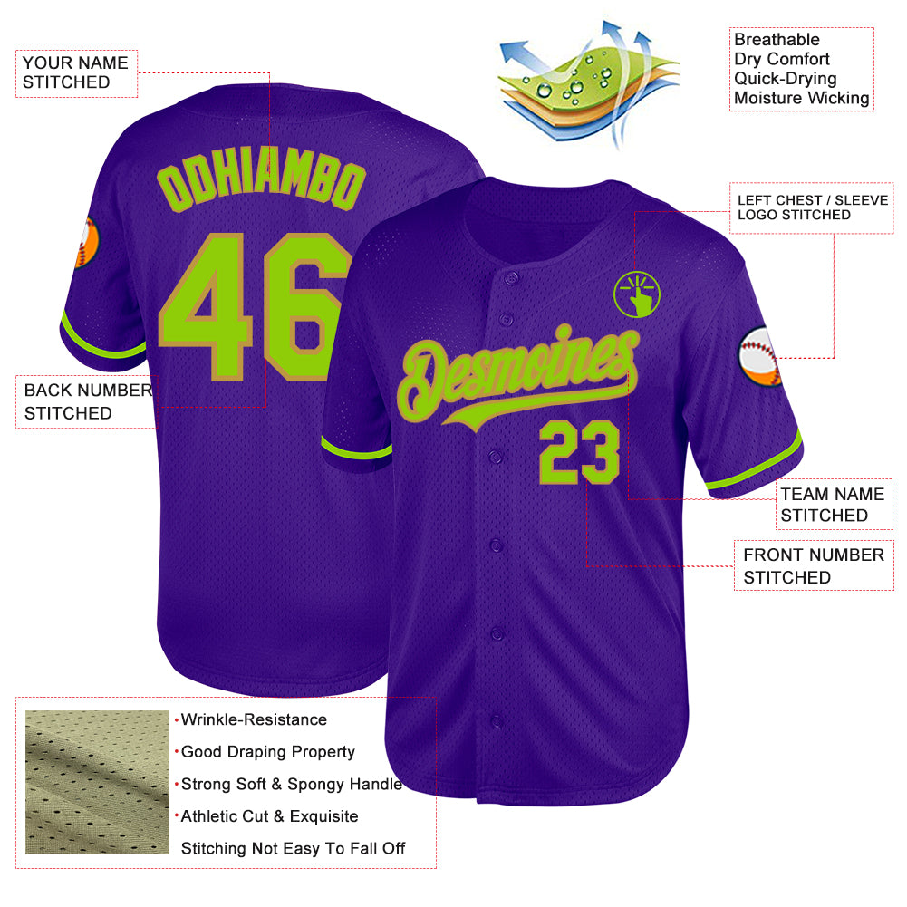 Custom Purple Neon Green-Old Gold Mesh Authentic Throwback Baseball Jersey