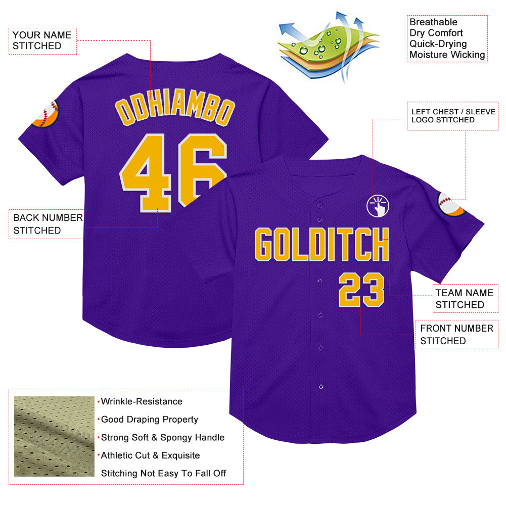 Custom Purple Gold-White Mesh Authentic Throwback Baseball Jersey