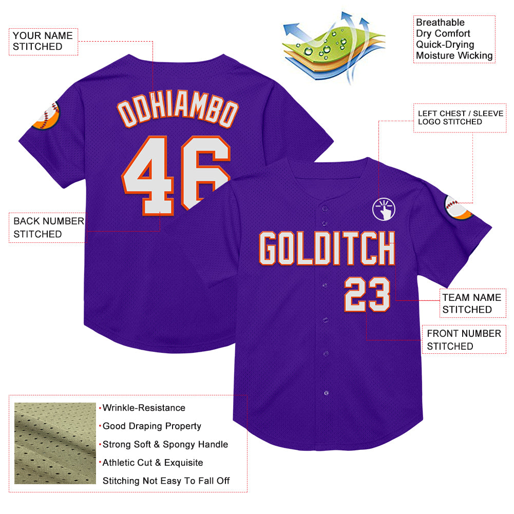 Custom Purple White-Orange Mesh Authentic Throwback Baseball Jersey