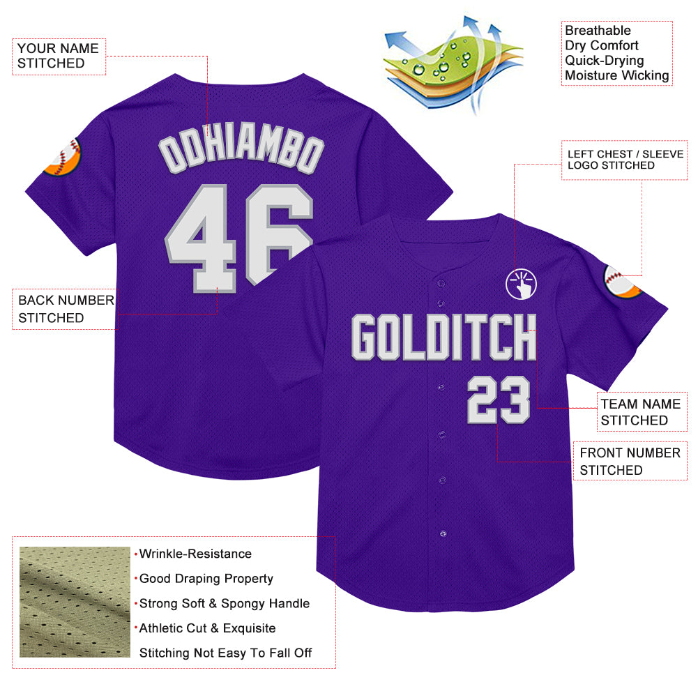 Custom Purple White-Gray Mesh Authentic Throwback Baseball Jersey