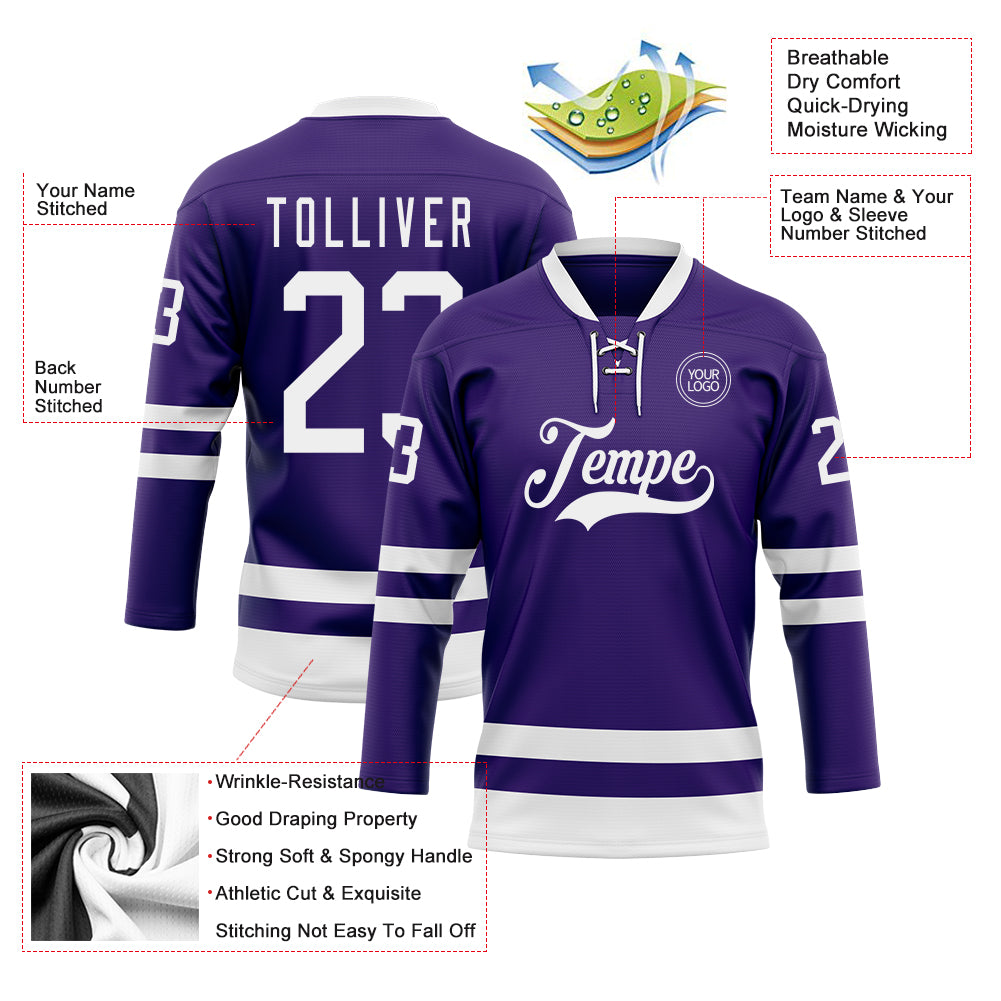 Custom Purple White Hockey Lace Neck Jersey