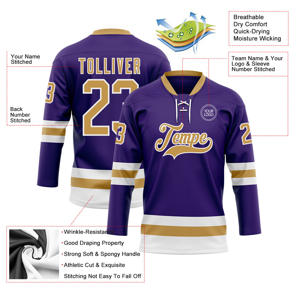 Custom Purple Old Gold-White Hockey Lace Neck Jersey