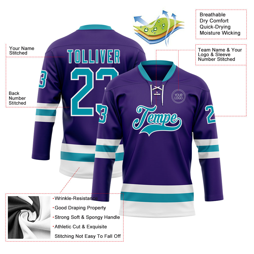 Custom Purple Teal-White Hockey Lace Neck Jersey