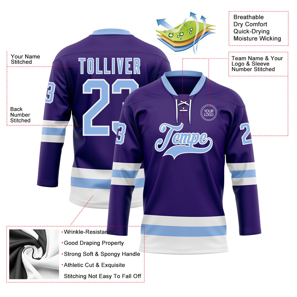 Custom Purple Light Blue-White Hockey Lace Neck Jersey