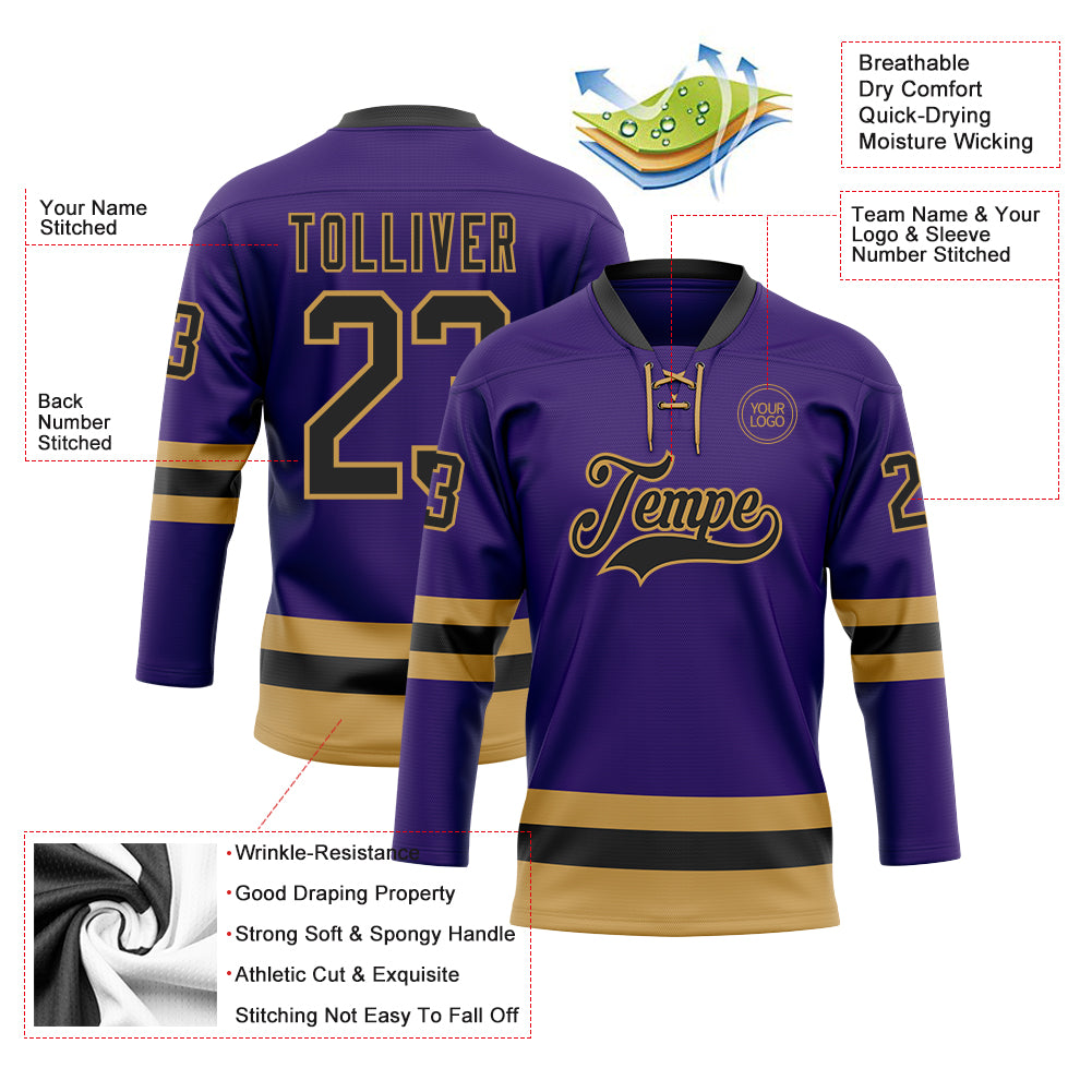 Custom Purple Black-Old Gold Hockey Lace Neck Jersey