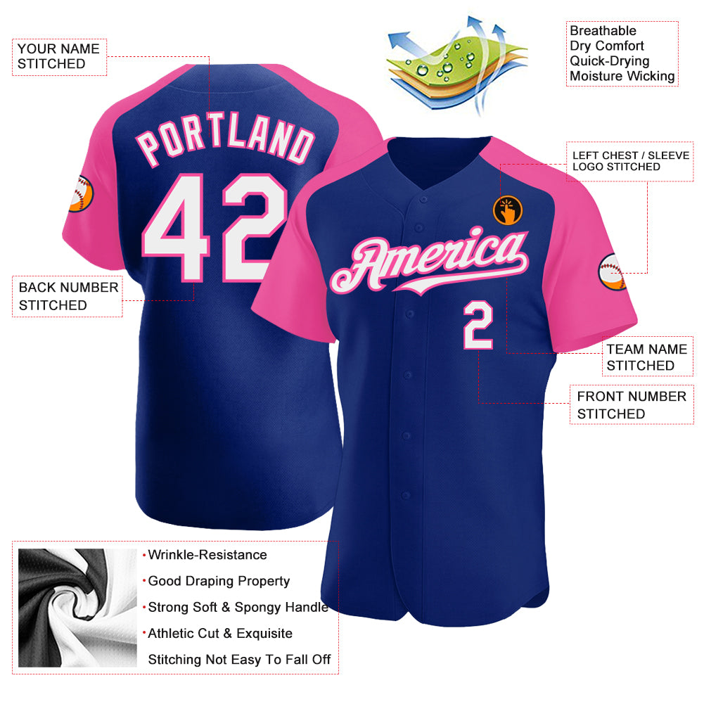 Custom Royal White-Pink Authentic Raglan Sleeves Baseball Jersey