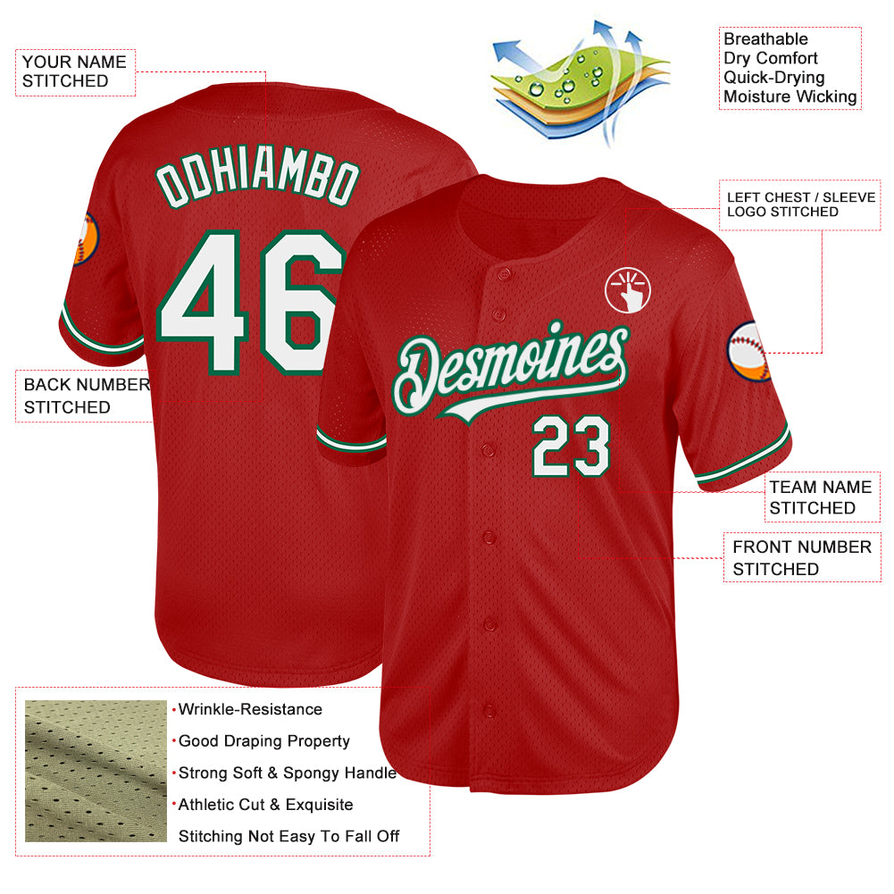 Custom Red White-Kelly Green Mesh Authentic Throwback Baseball Jersey