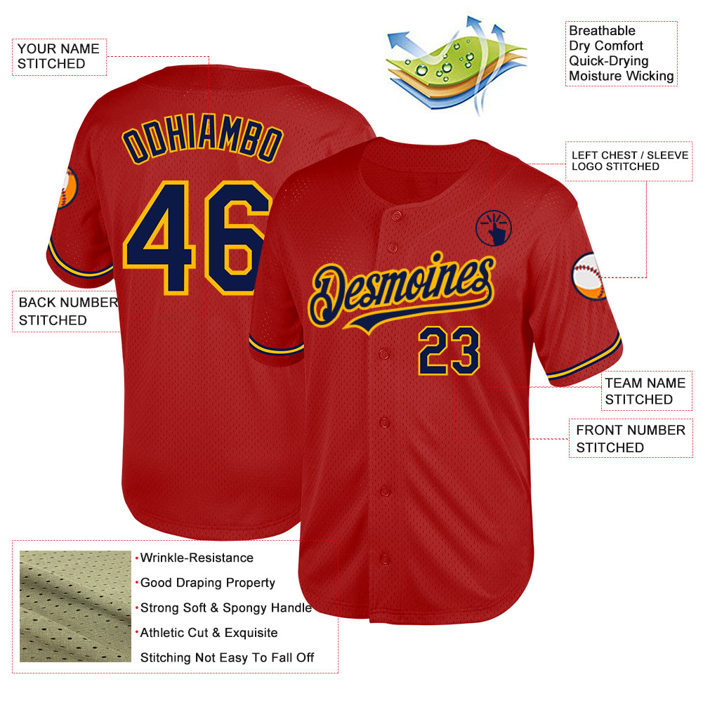Custom Red Navy-Gold Mesh Authentic Throwback Baseball Jersey