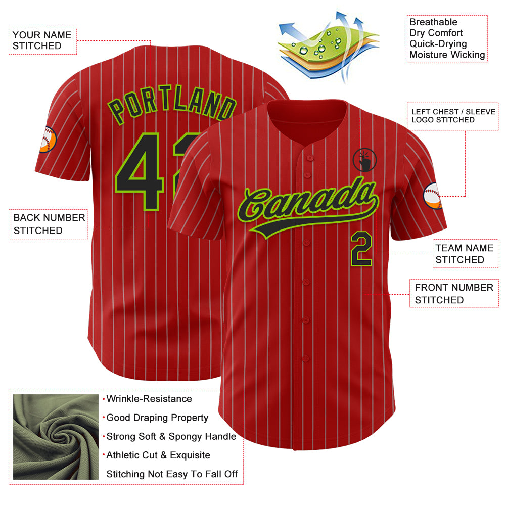 Custom Red Gray Pinstripe Black-Neon Green Authentic Baseball Jersey