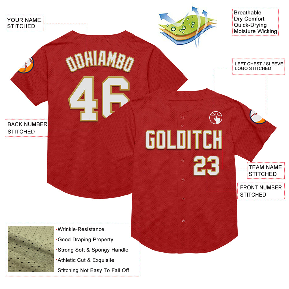 Custom Red White-Old Gold Mesh Authentic Throwback Baseball Jersey