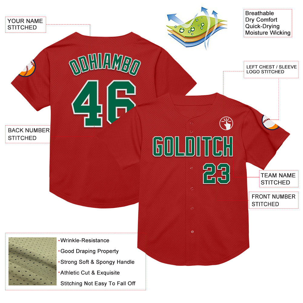 Custom Red Kelly Green-White Mesh Authentic Throwback Baseball Jersey