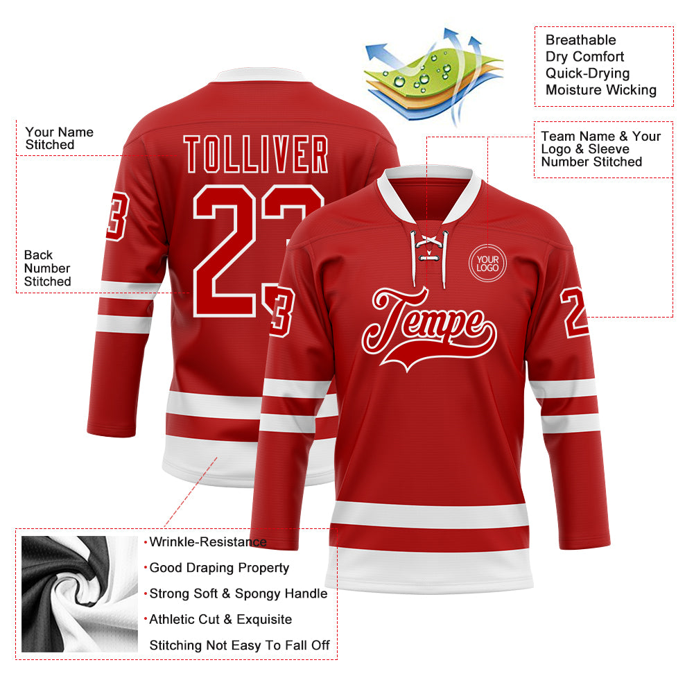 Custom Red White Hockey Lace Neck Jersey