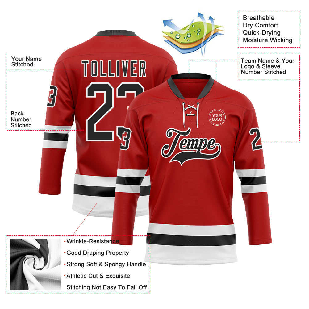 Custom Red Black-White Hockey Lace Neck Jersey