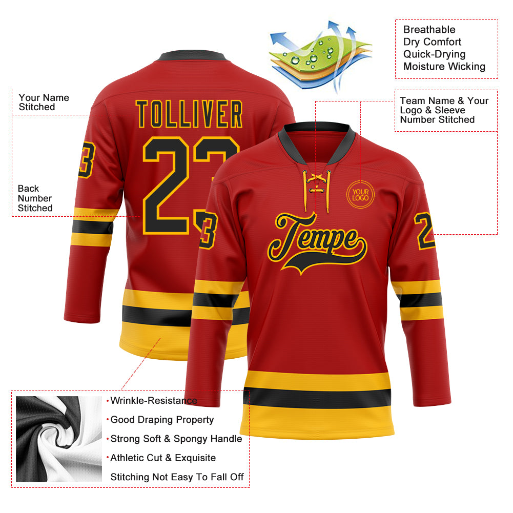 Custom Red Black-Gold Hockey Lace Neck Jersey