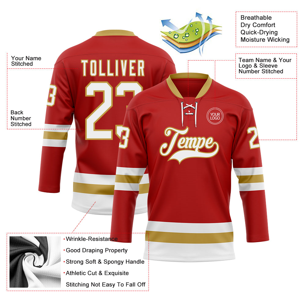 Custom Red White-Old Gold Hockey Lace Neck Jersey