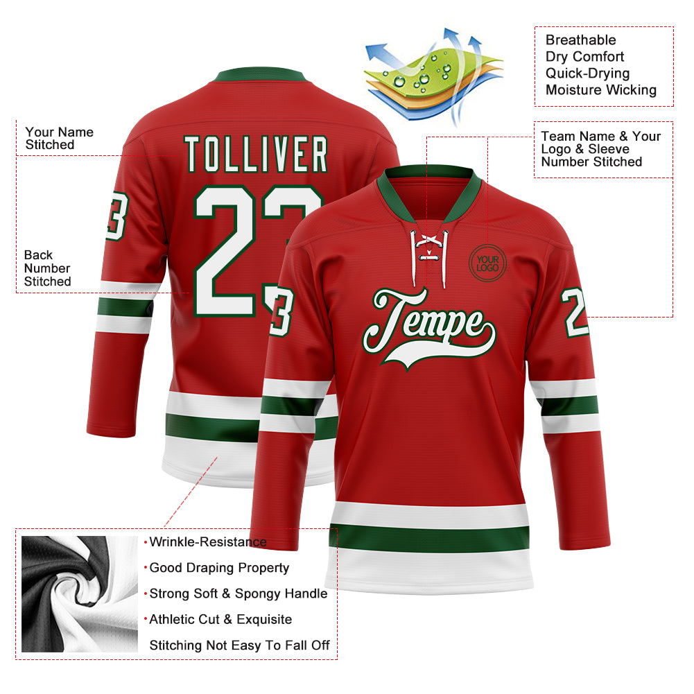 Custom Red White-Green Hockey Lace Neck Jersey