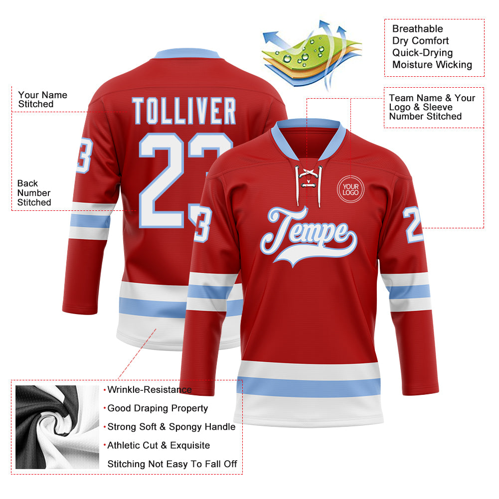 Custom Red White-Light Blue Hockey Lace Neck Jersey