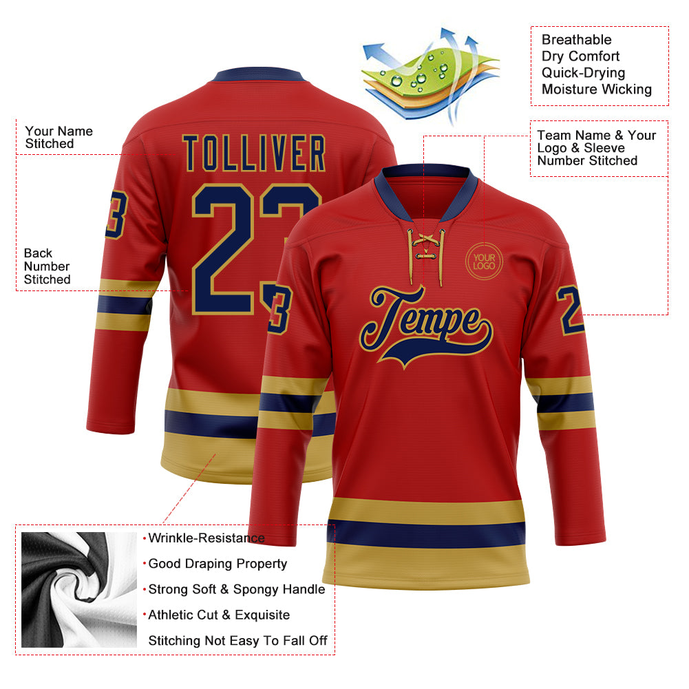 Custom Red Navy-Old Gold Hockey Lace Neck Jersey