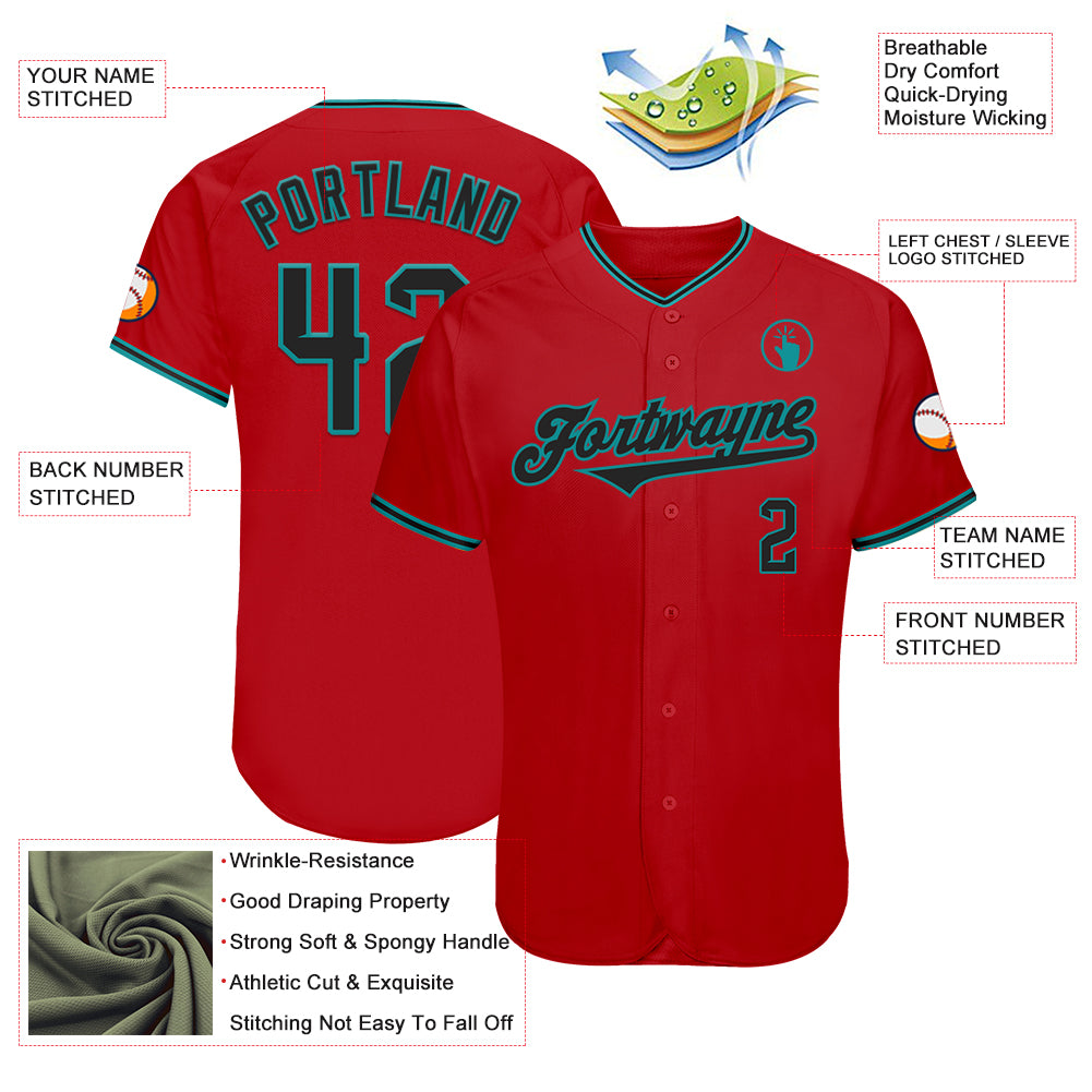 Custom Red Black-Teal Authentic Baseball Jersey