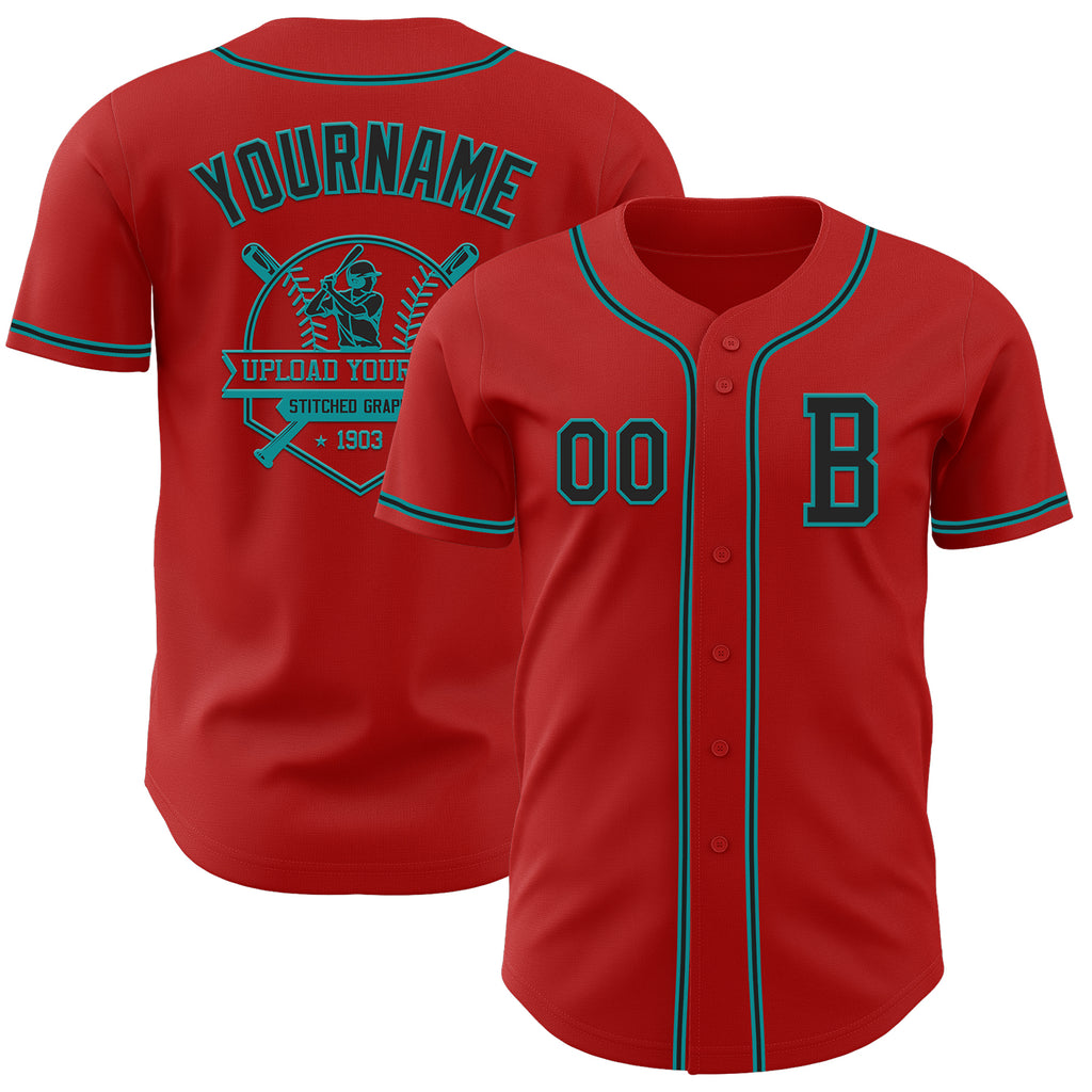 Custom Red Black-Teal Authentic Baseball Jersey