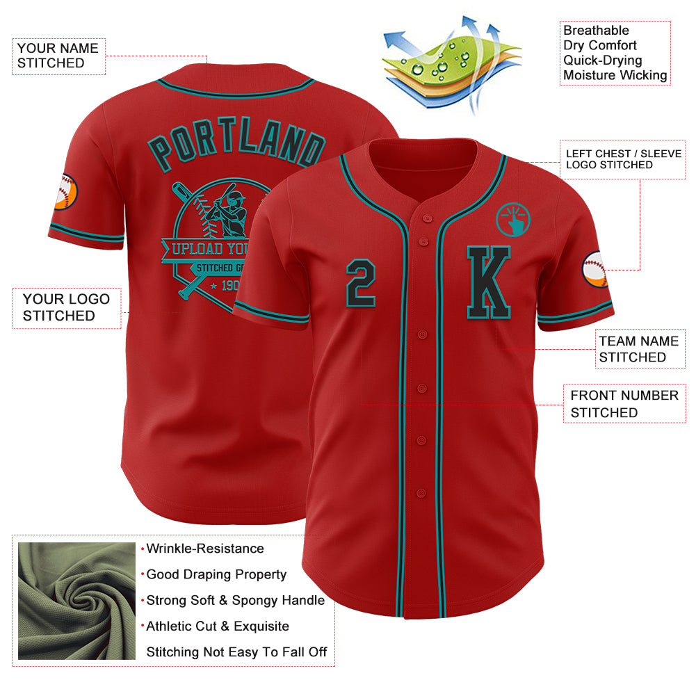 Custom Red Black-Teal Authentic Baseball Jersey