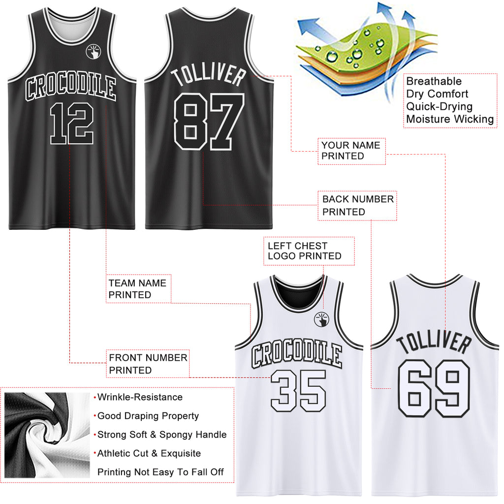 Custom Reversible Black White Double Side Authentic Basketball Jersey