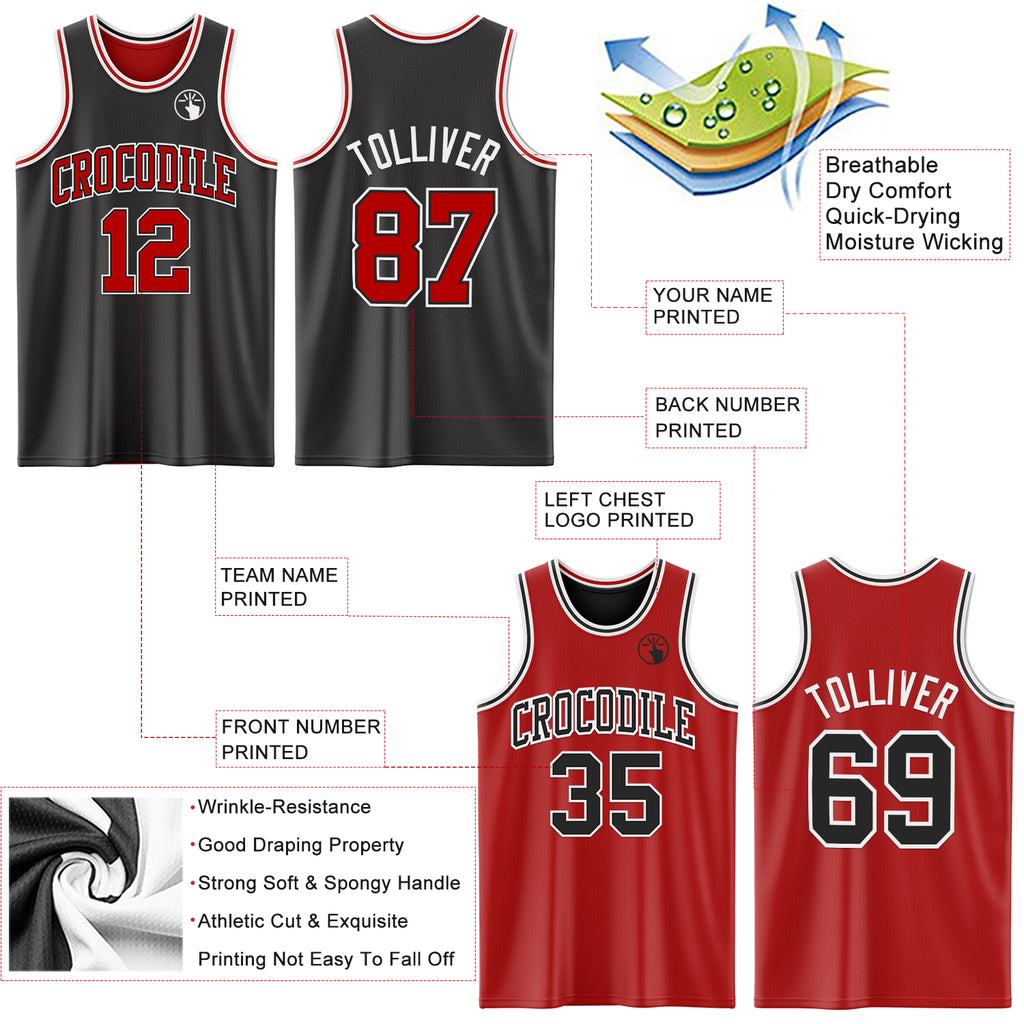 Custom Reversible Black Red-White Double Side Authentic Basketball Jersey