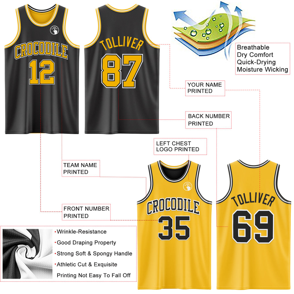 Custom Reversible Black Gold-White Double Side Authentic Basketball Jersey