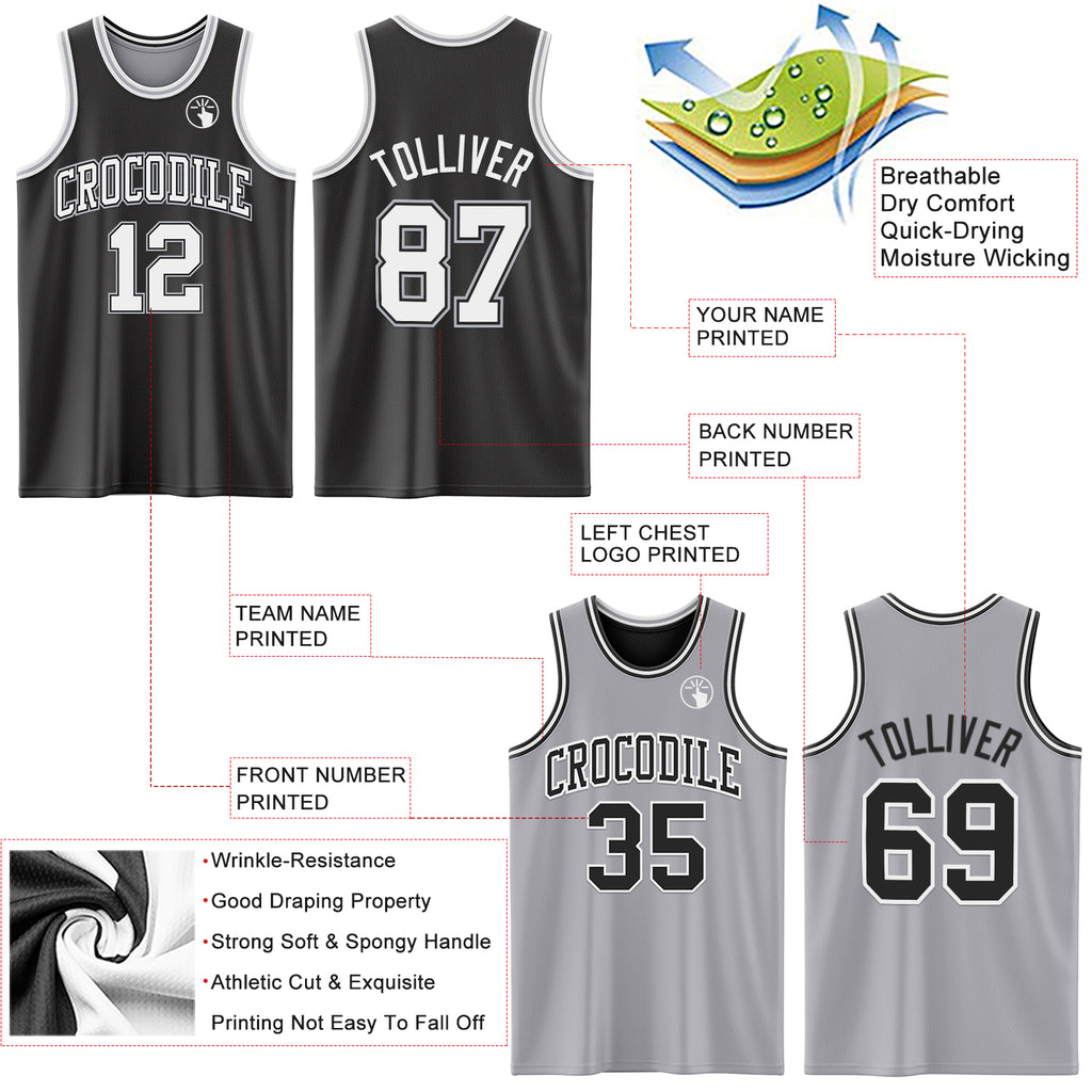 Custom Reversible Black White-Gray Double Side Authentic Basketball Jersey