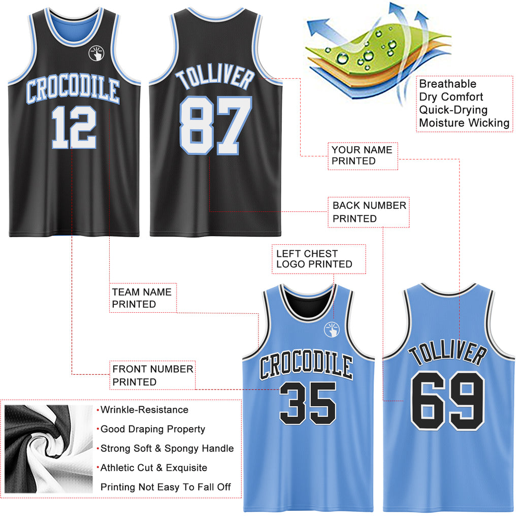 Custom Reversible Black White-Light Blue Double Side Authentic Basketball Jersey