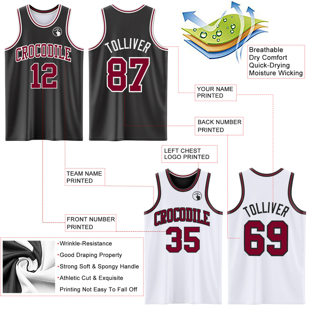 Custom Reversible Black Maroon-White Double Side Authentic Basketball Jersey