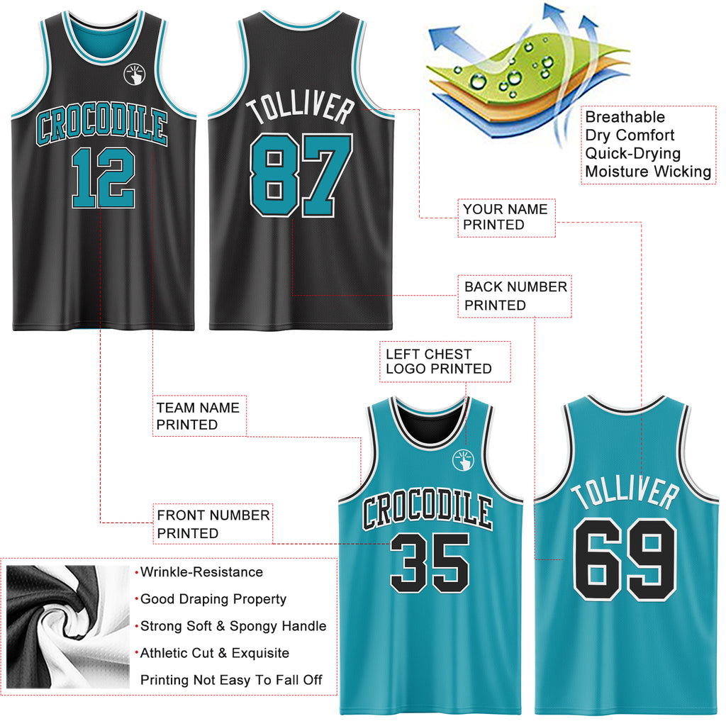 Custom Reversible Black Teal-White Double Side Authentic Basketball Jersey