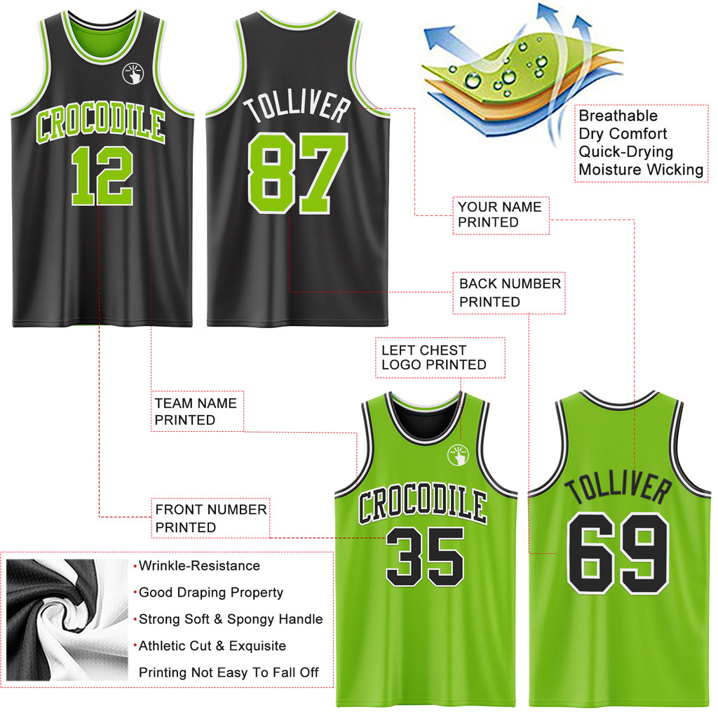 Custom Reversible Black Neon Green-White Double Side Authentic Basketball Jersey