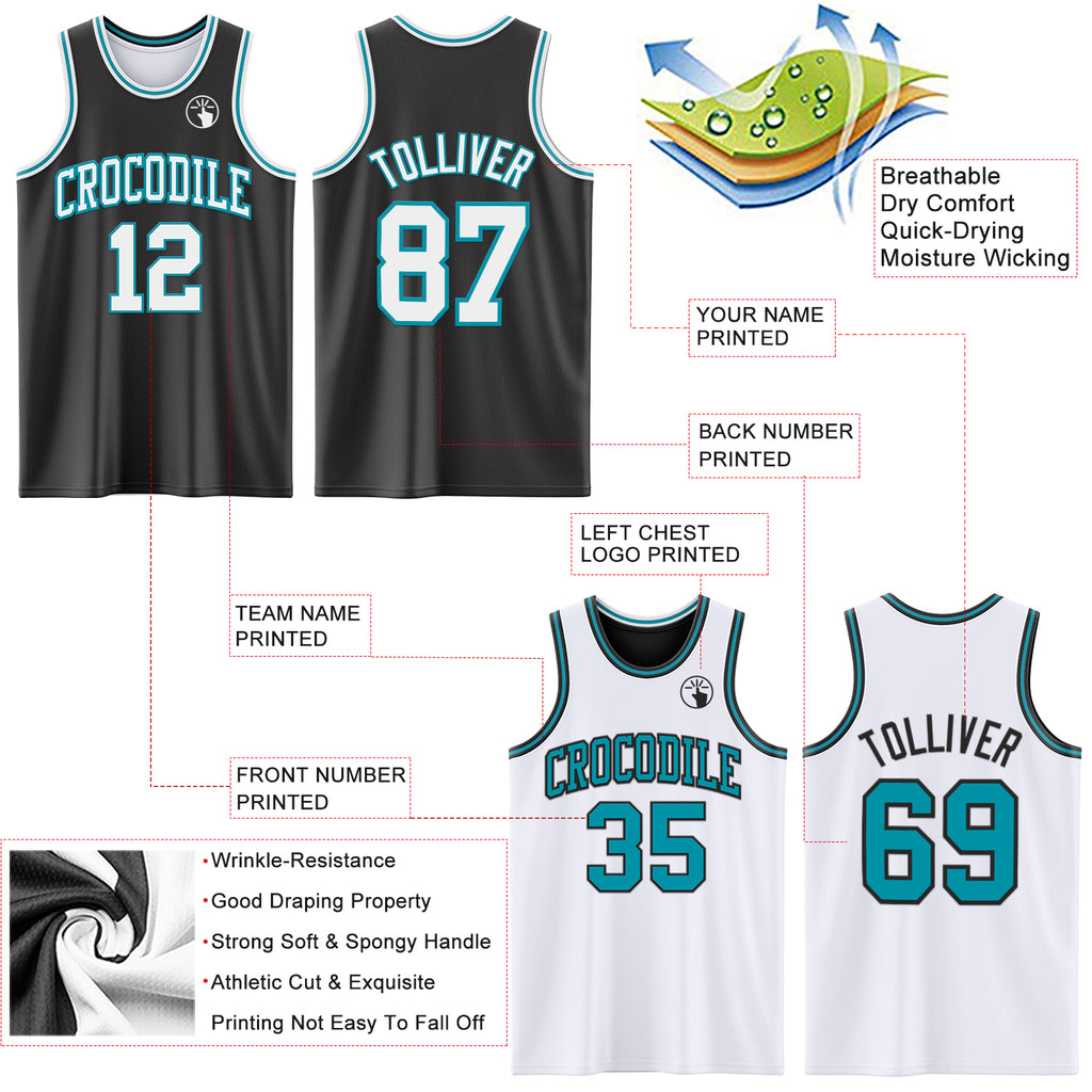 Custom Reversible Black White-Teal Double Side Authentic Basketball Jersey