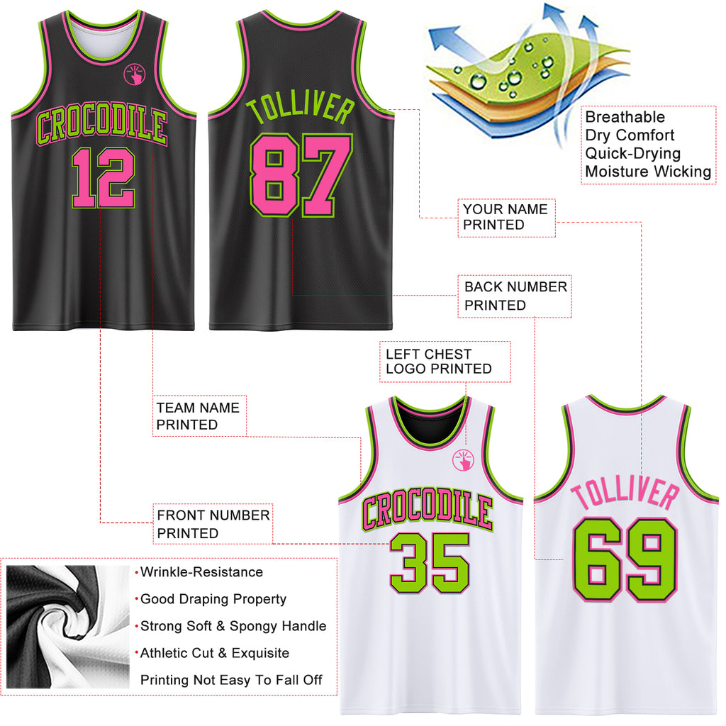 Custom Reversible Black Pink-Neon Green Double Side Authentic Basketball Jersey