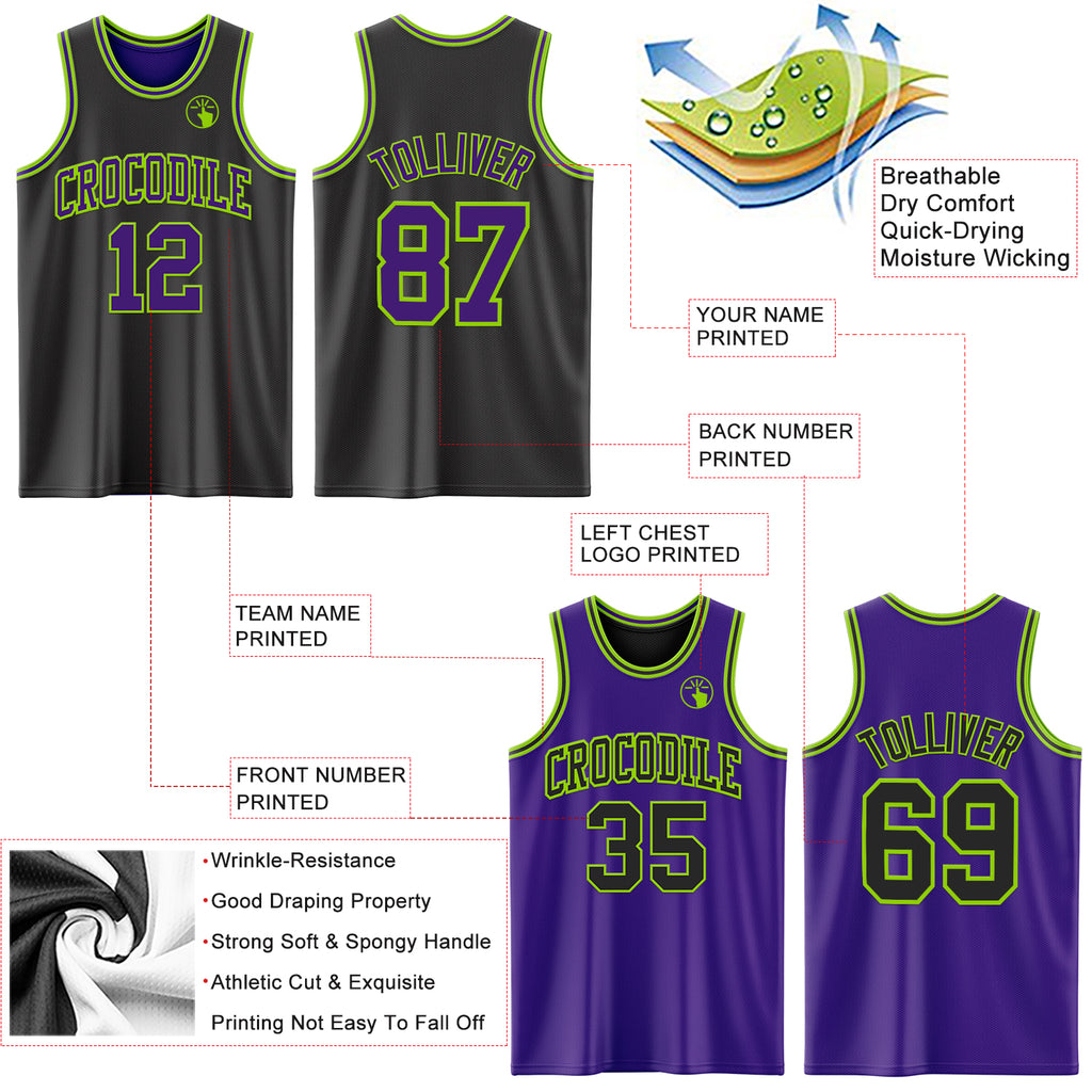 Custom Reversible Black Purple-Neon Green Double Side Authentic Basketball Jersey