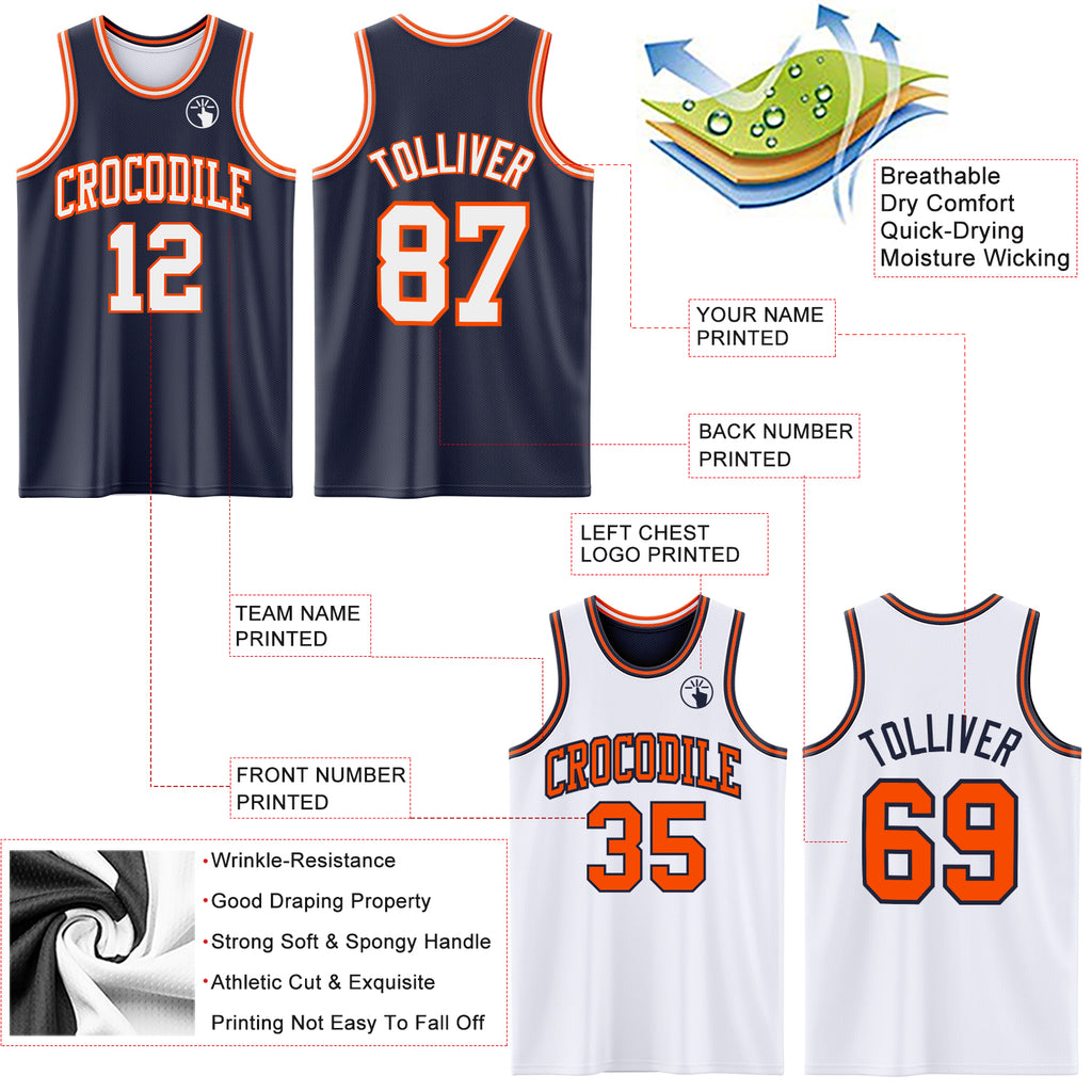 Custom Navy White-Orange Reversible Double Side Basketball Jersey