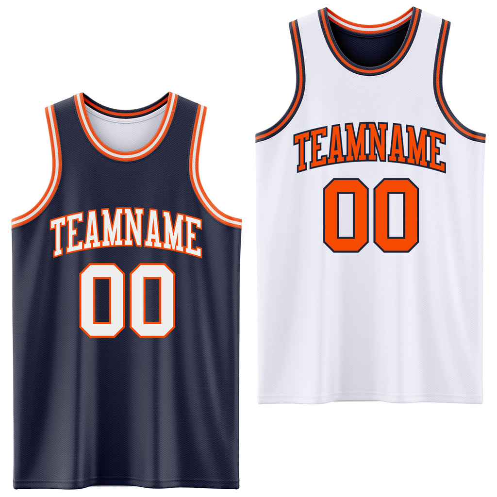 Custom Navy White-Orange Reversible Double Side Basketball Jersey