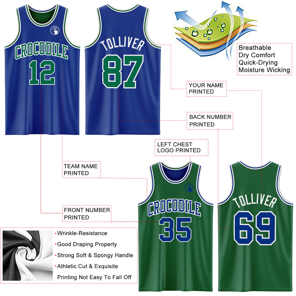 Custom Royal Kelly Green-White Reversible Double Side Basketball Jersey