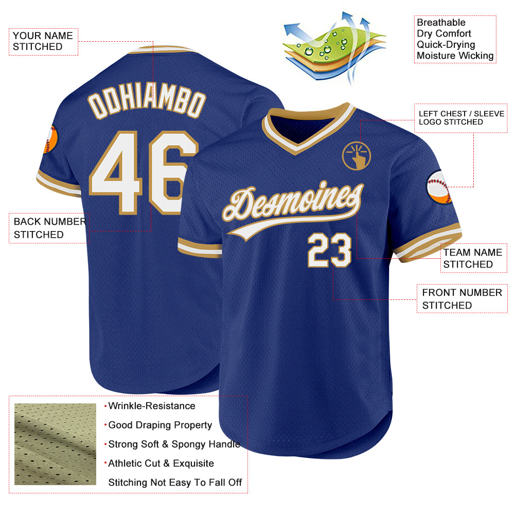 Custom Royal White-Old Gold Authentic Throwback Baseball Jersey