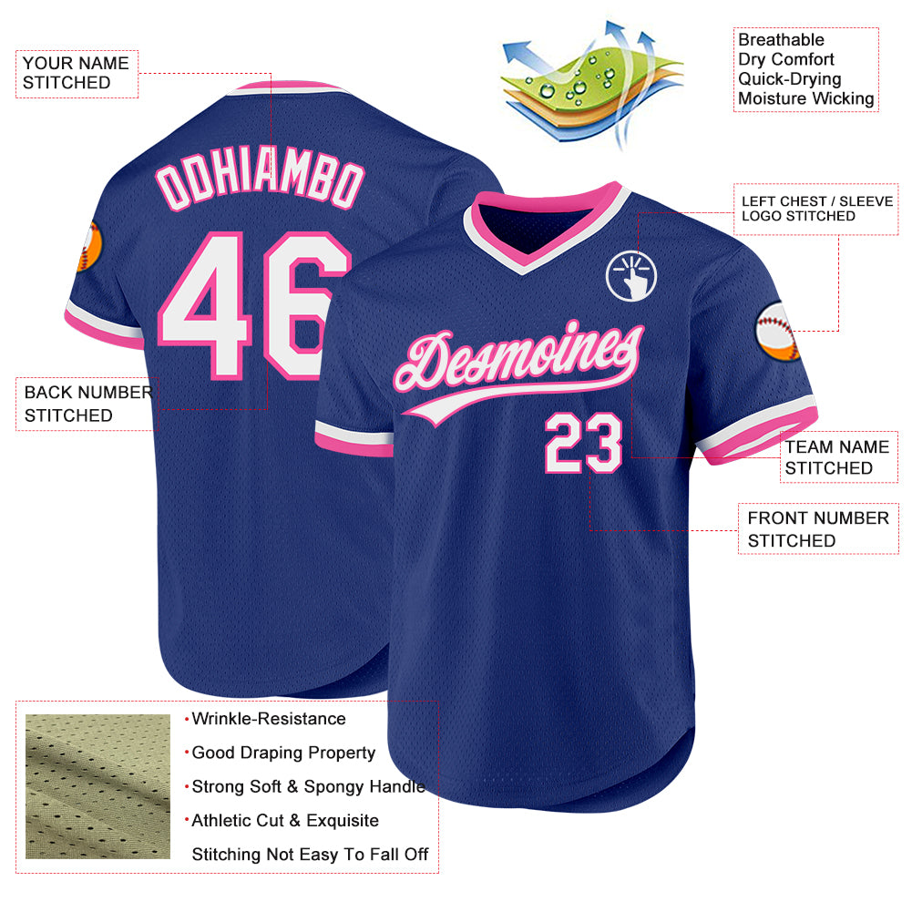 Custom Royal White-Pink Authentic Throwback Baseball Jersey
