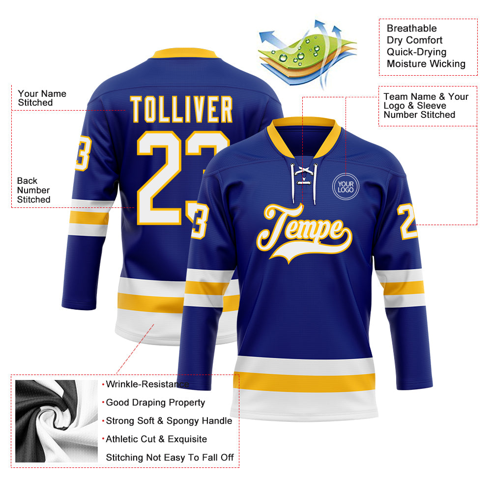 Custom Royal White-Gold Hockey Lace Neck Jersey