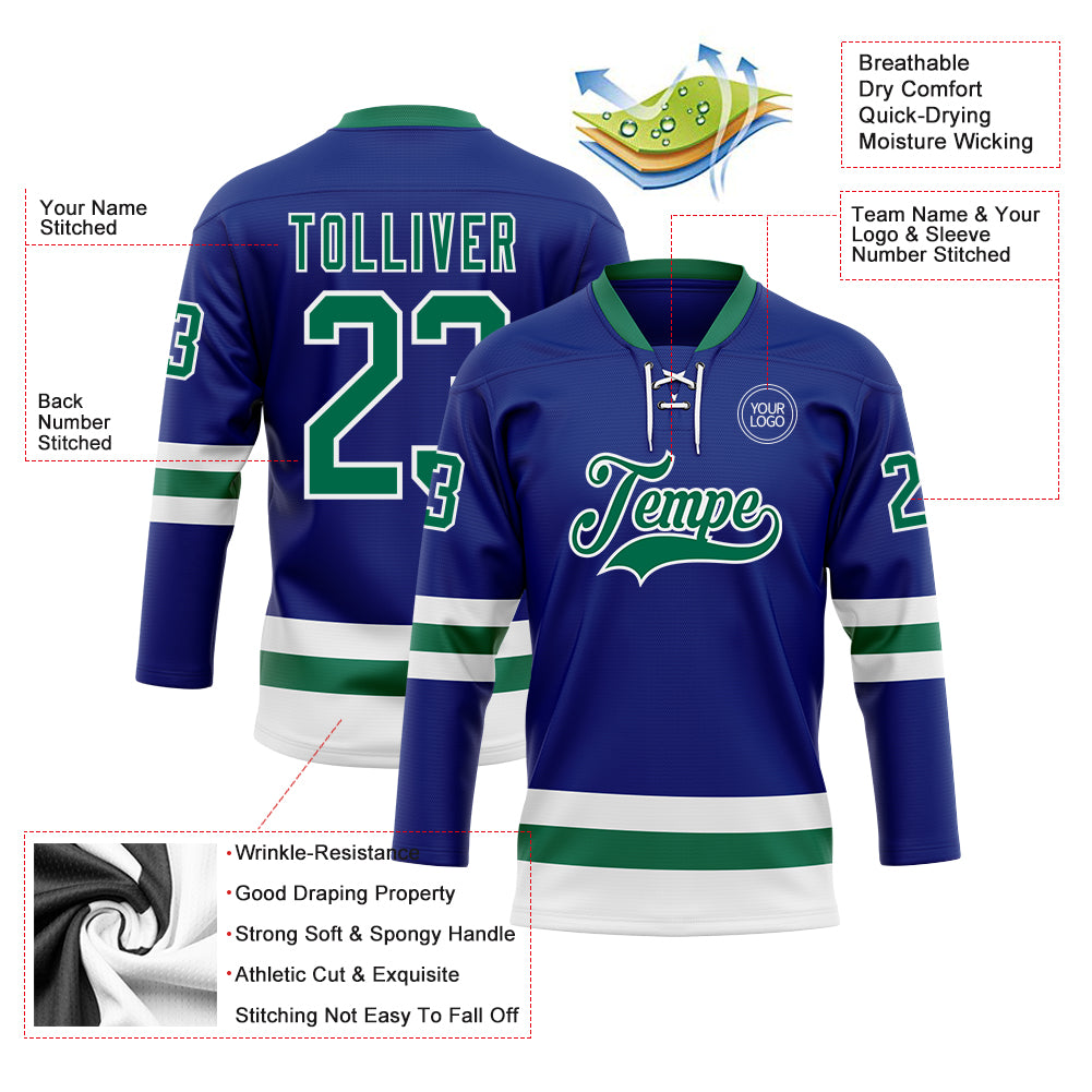 Custom Royal Kelly Green-White Hockey Lace Neck Jersey